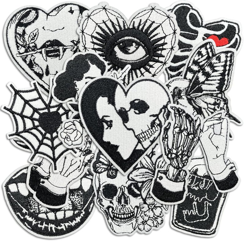 Cazzon Dark Embroidered Applique Iron On Patches for Backpacks, Rock Band Patches for Jackets, Cool Sew Patch for Clothing, Jeans, Hats, DIY Accessories (Dark12 12 Pcs) - Image 1